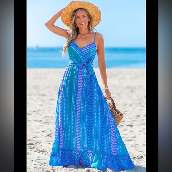 Cupshe Dresses & Skirts - NWT Cupshe Moonlit Stroll Boho Blue & Pink Striped Maxi Wrap Dress Coverup, S